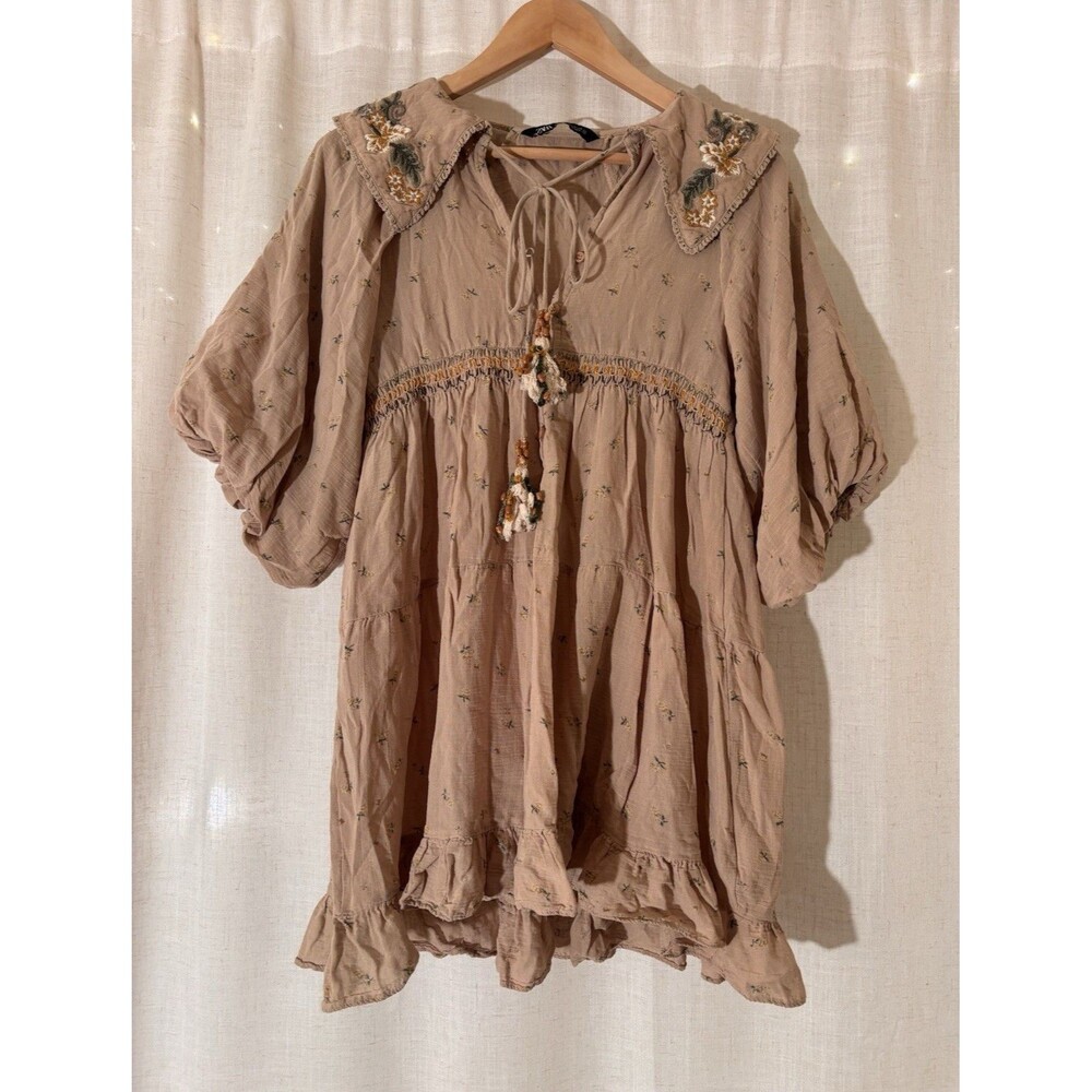 Zara Boho Cottagecore Prairie Beige Floral Babydoll Dress Embroidered, Size XS
